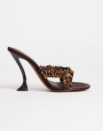 Topshop Natasha - Sandali stile sabot con tacco alto decorati in raso color cioccolato-Grigio