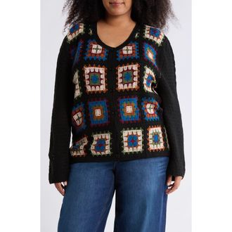 Forgotten Grace Crochet Square Cardigan in Black/Beige/Blue at Nordstrom Rack, Size 1X
