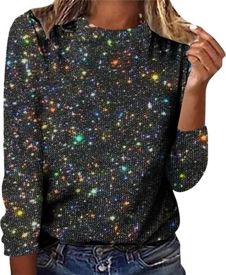 Generic Sequin Tops for Women Round Neck Solid Long Sleeve Pullover Jumpers Womens Sparkly Sweater Shimmer Shirt Glitter Top Sparkly Festival Party Blouses Sh