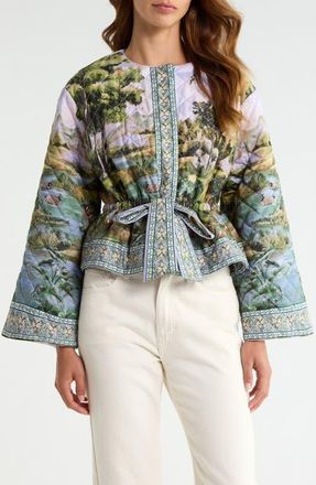 Farm Rio Countryside Landscape Quilted Cotton Jacket in Green at Nordstrom, Size X-Large