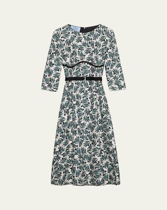 Prada Floral Print Pong&eacute; 3/4-Sleeve Midi Dress