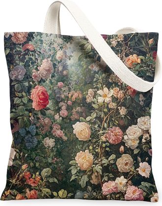 Generic Spring Aesthetic Rose Canvas Tote Bag for Shopping 13x15, Vintage Flower Garden Reusable Grocery Print Pattern Bag for Women Men, Floral Wildflower Ae