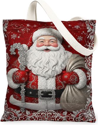 Generic Christmas Santa Canvas Tote Bags, Vintage Santa Pattern Reusable Grocery Bags, Lightweight Washable Shoulder Strap Canvas for Travel Picnic 13x15 Inch
