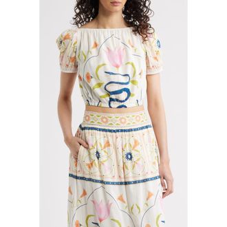 Cleobella Emma Puff Sleeve Crop Cotton Blend Top in Montecito Print at Nordstrom, Size X-Large