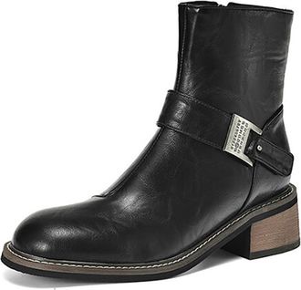 Generic Womens Fashion Ankle Boots Round Toe Block Heel Buckle Detail Boots for Autumn & Winter Office & Streetwear Durable Microfiber,Black (Standard Lining)