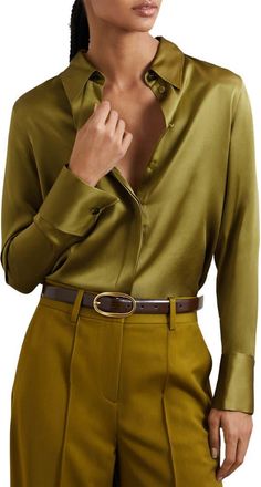 Reiss Ameira Silk Satin Button-Up Shirt in Light Green at Nordstrom, Size 14 Us