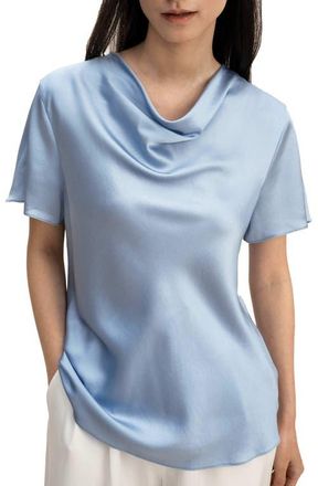LilySilk Cowl Neck Short Sleeves Silk T-Shirt in Sky Blue at Nordstrom, Size 12