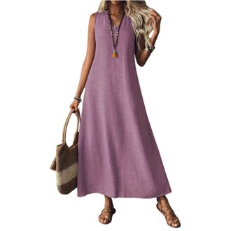 Generic Summer Beach Dresses for Women UK Lagenlook Black Linen Dress Casual Solid Color V Neck Sleeveless/Short Sleeve Flowy Cotton Maxi Shirt (Purple, M)