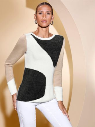 Cr&eacute;ation L Strickpullover CREATION L Pullover, Damen, Gr. 42, beige (schwarz, ecru, gemustert), 47% Polyacryl, 41% Baumwolle, 12% Polyamid, gemustert, mehrfarbig