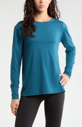 Zella Long Sleeve Split Hem T-Shirt in Teal Seagate at Nordstrom, Size Xx-Large