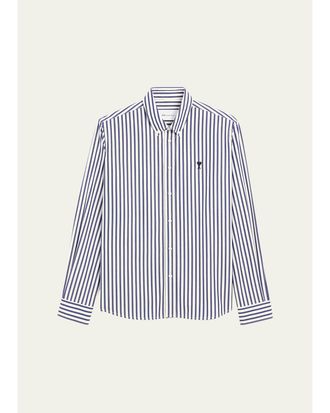 Ami Mens Striped Cotton Poplin Sport Shirt