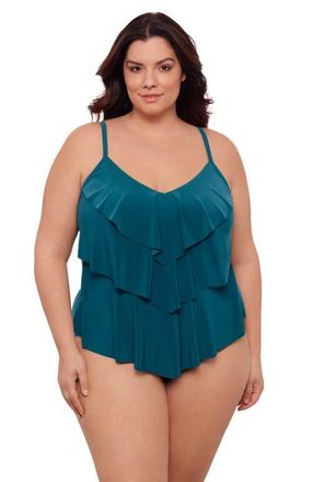 Aqua Green Triple Ruffle Tier Adjustable Tankini Swimsuit Top in Lagoon at Nordstrom, Size X-Large
