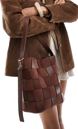 Asos faux suede and faux leather weave bucket tote bag in chocolate-Brown