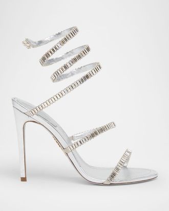 Rene Caovilla Metallic Leather Strass Snake Ankle Wrap Sandals