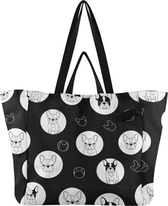 Generic Dogs Black pattern Reusable Canvas Tote Bag, Heavy Duty Grocery Shopping Bag with Hard Bottom Double Handles Large Capacity Work Groceries Travel