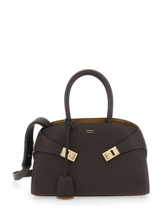 Ferragamo Hug Small Brown Shoulder Bag With Logo And Gancini Buckle In Leather Woman
