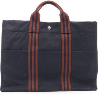 Herm&egrave;s Brown Navy Canvas Handbag Tote Bag (Pre-Owned)