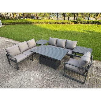 Fimous Aluminum 7-Seater Sofa Dining Set with Lifting Table, 2 Side Tables in Dark Grey