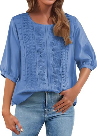 Generic Blouses for Women UK Elegant Smart 3/4 Sleeve Tops for Women Cotton Linen Ladies Tunic Top Womens Embroidery Floral Boho Summer Blouses Dressy Casual 