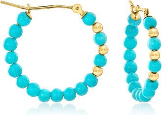Ross-Simons 3-3.5mm Turquoise Bead Hoop Earrings With 10kt Yellow Gold