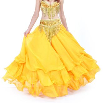 Hoerev Belly Dance Three-Layer Chiffon Hemming Skirt, Tiered Maxi Skirt,Not Including Belt,Yellow,S-L