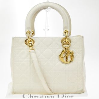 Dior Lady Dior Cannage Quilt Leather White Leather Handbag (Pre-Owned)
