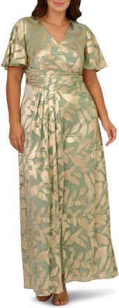 Adrianna Papell Metallic Leaf Jacquard Draped Gown in Sage/Gold at Nordstrom, Size 18W