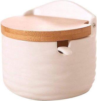 No Brand Tarro Para Especias De Cocina, Cuenco De Cer&aacute;mica Con Tapas De Bamb&uacute; Y Cucharas Para Az&uacute;car, Salero Y Especiero, Botes Para Especias