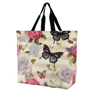 Generic Striped Flower Butterfly Shopper Bag Waterproof Handbag Foldable Shopping Bags For Travel Work College