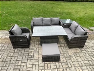 Fimous Outdoor Rattan Furniture Garden Dining Set Patio Height Adjustable Rising lifting Table Reclining Chair Sofa With Side Table Big Footstool