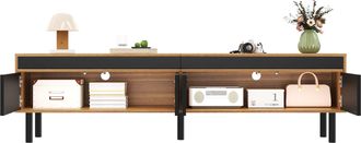 STILVORA Mueble De Tv Con 4 Puertas Y Apertura A Presi&oacute;n, Dise&ntilde;o Listonado, Patas De Madera, Estilo Moderno, Negro, 170&times;38&times;47 Cm