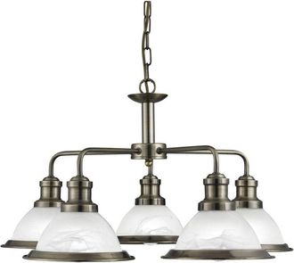 Searchlight Bistro - Lámpara colgante de techo con múltiples brazos, 5 luces, latón antiguo, vidrio ácido, E27 - Searchlight