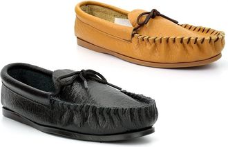 Generic Mens Moccasin Leather Slippers Mens Slippers Mens Leather Slippers Mens Moccasin Slippers Mens Moccasins Softie Leather Upper Outdoor Sole Black/Tan 1