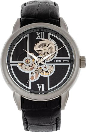 Heritor Sanford Semi-Skeleton Leather-Band Watch