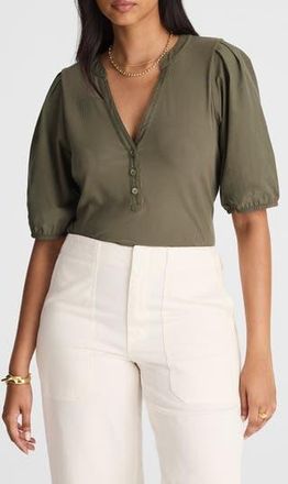 Madewell Puff-Sleeve Henley Knit Top in Faded Olive at Nordstrom Rack, Size Xx-Small