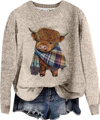 Generic Ladies Womens Christmas UK Knitted Pullover Womens Sweatshirts Cute Highland Cow Print Long Sleeve Sweater Casual Warm Fall Tunic Tops Fashion Clothes