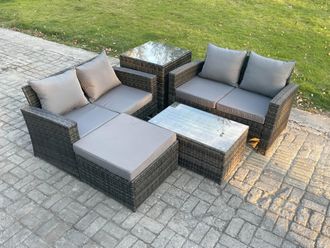 Fimous Wicker Rattan Garden Furniture Sofa Set with Rectangular Coffee Table Double Seat Sofa Big Footstool Side Table 5 Seater