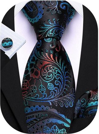 Barry.Wang Paisley Tie Mens Silk Black Blue Necktie Pocket Square Cufflinks Set Christmas Wedding Party