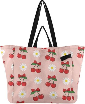 Generic Bow Cherry Flower Pink print Reusable Canvas Tote Bag, Heavy Duty Grocery Shopping Bag with Large Capacity Double Handles Hard Bottom Work Groceries T