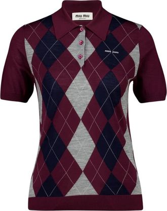 Miu Miu Argyle Wol Polo Shirt - Dames - Ronde hals truien - Veelkleurig - M - Wol - Truien & Vesten