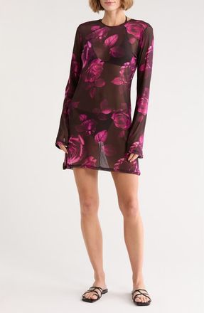 Good American Long Sleeve Mesh Minidress in Dark Spaced Roses001 at Nordstrom Rack, Size X-Small