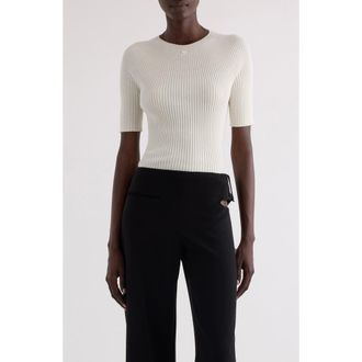 Courr&egrave;ges Solar Light Short Sleeve Cotton & Merino Wool Rib Sweater in Heritage White at Nordstrom, Size X-Small