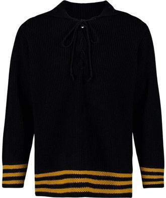 Bode Vintage Zwarte Gestreepte Wollen Trui - Heren - V-hals truien - Zwart - M - Wol - Truien & Vesten