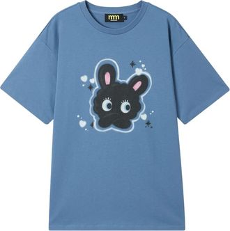 Mini Cream T-shirt in cotone con stampa coniglietto - Blu