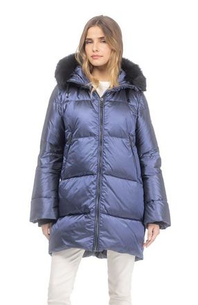 Gorski Apres-Ski Horizontal Jacket With Detachable Genuine Shearling Hood Trim in Ocean Blue/black at Nordstrom, Size X-Small