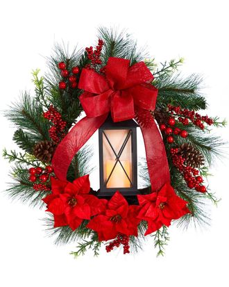 Nearly Natural Poinsettia And Berry Holiday Lantern Christmas Wreath With Led Candle