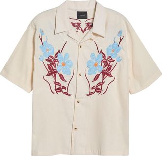 PacSun Jasmine Floral Embroidered Cotton & Linen Camp Shirt in Cream at Nordstrom, Size X-Large