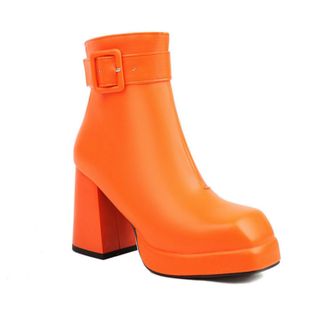 Generic Womens Buckle Strap Platform Ankle Boots Square Toe Chunky Heel Booties Fashion Style for Party,Orange,1.5 UK