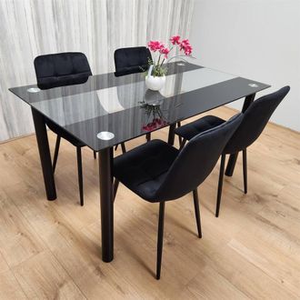 Kosy Koala Black Glass Dining Set With 4 Black Velvet Chairs For Dining Room