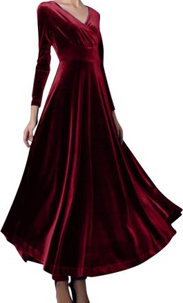 Generic Womens Long Sleeve Evening Dress, Maxi V-Neck Velvet Party Dress, A-Line Cocktail Dress, Elegant Sexy Dress, High Waist Bodycon Ball Dresses for Autum